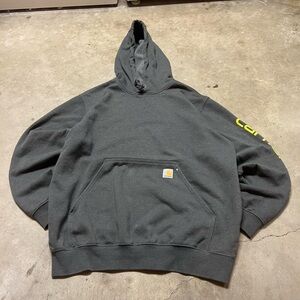 Carhartt Men's Dark Gray Hoodie with Yellow Sleeve Logo